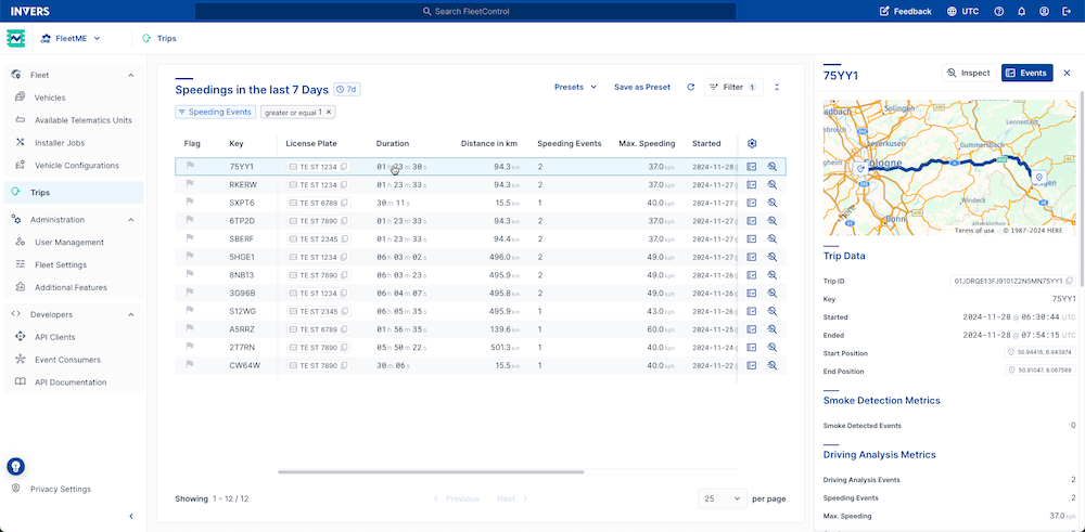 Trips Page in FleetControl