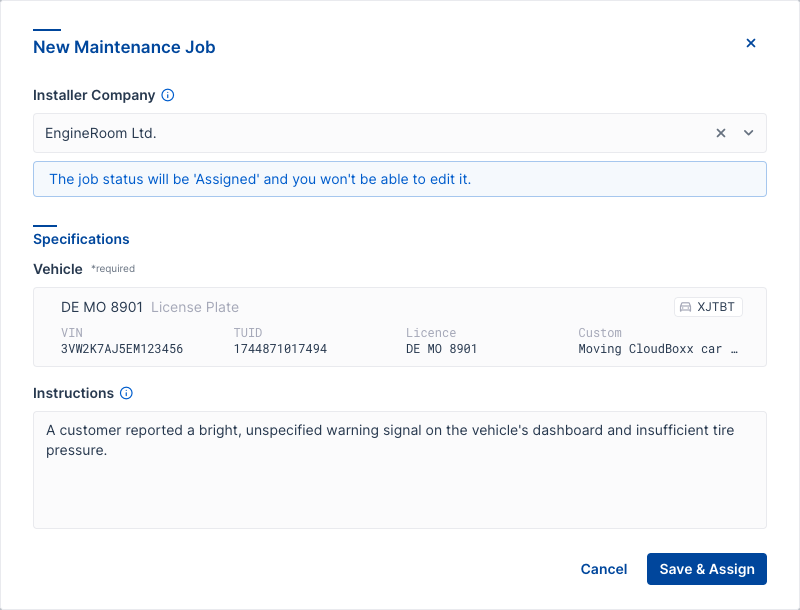 Generate a New Maintenance Job in FleetControl