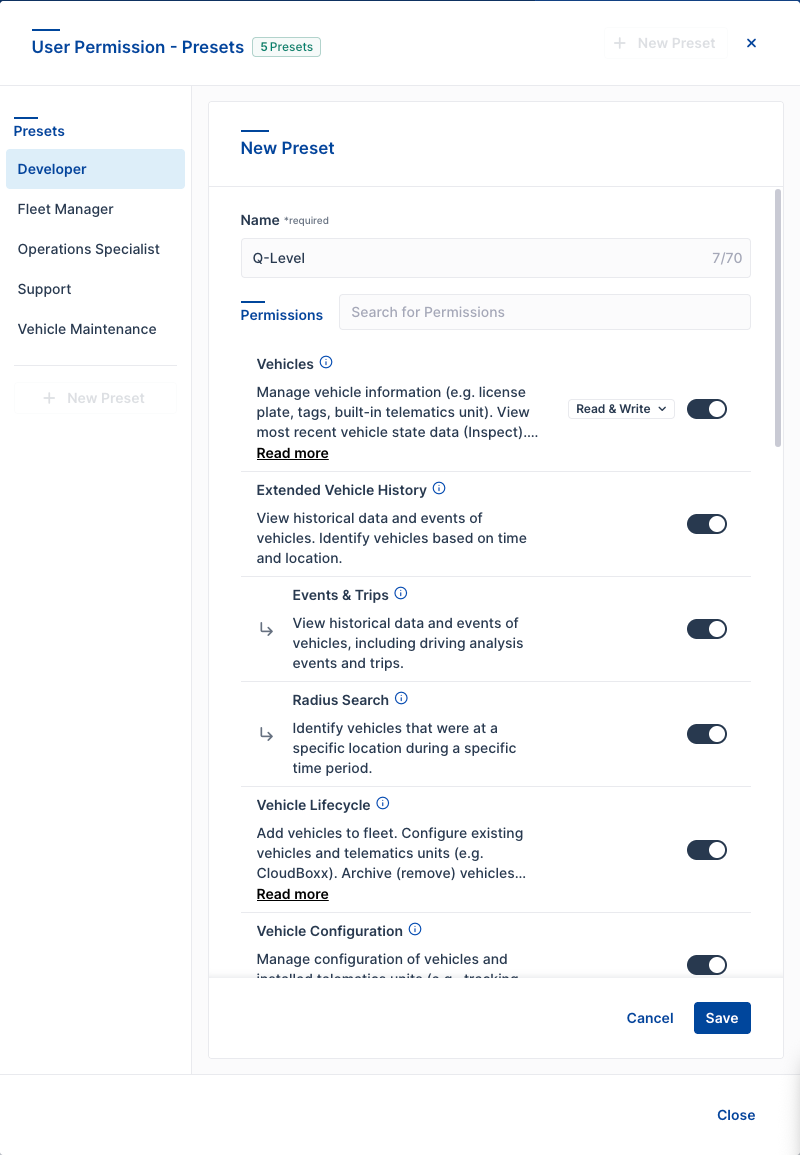 New Preset creation dialog with permission configuration options