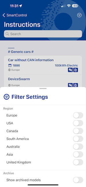 Filter vehicle model list